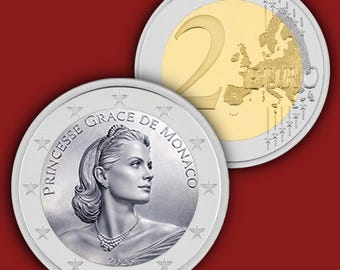 May include: A commemorative 2 euro coin featuring a portrait of Princess Grace of Monaco with the text "PRINCESSE GRACE DE MONACO" and the year "2020" on the obverse, alongside the standard European map design on the reverse side of the coin.