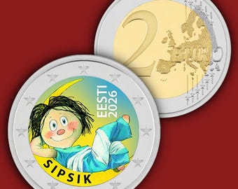 May include: A commemorative 2 euro coin from Estonia featuring a colourful illustration of the character Sipsik reclining on a yellow crescent moon. The coin displays the text EESTI 2026 and SIPSIK, with a silver outer ring and a gold-coloured centre.