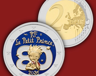 May include: A two-euro commemorative coin featuring a gold-coloured Le Petit Prince character centred over a large white number 80 on a blue background. The text RF, Le Petit Prince, and 2026 are visible. The reverse side shows a standard map of Europe.