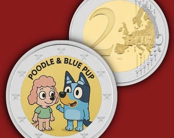 May include: Two Euro coins. One coin features a cartoon poodle and a blue dog with the text "Poodle & Blue Pup". The other coin shows the number "2" and a map of Europe. Both coins have a silver border and a gold centre.