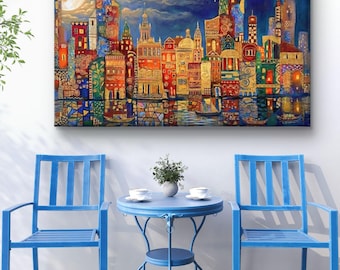Elegant Cityscape Print, Full Moon Over Golden Mosaic Skyline Wall Art Decor