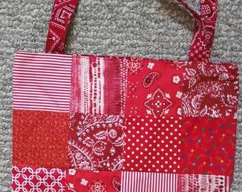Reversible Red Bandana/Patchwork Print Cotton Fabric Tote Bag/Gift Bag/Shopping Bag/Library Bag
