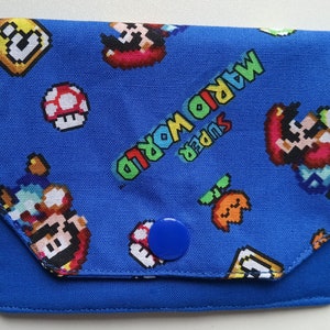 Mini / Kinder Blau Super Mario Brothers Print Baumwollstoff Brieftasche / 2 Tasche Kartenhalter