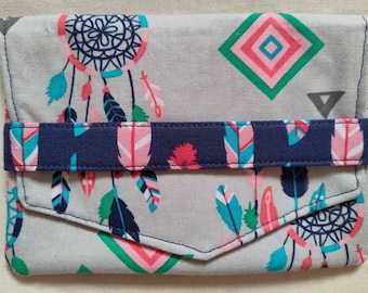 Gray and Navy Blue Dreamcatchers, Feathers and Arrows Print Cotton Fabric Wallet/2 Pocket Card/Receipt/Coupon Holder - Kids, Teens, Adults