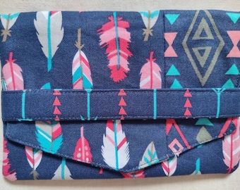 Navy Blue Feathers and Arrows Print Cotton Fabric Wallet/2 Pocket Card/Receipt/Coupon Holder - Kids, Teens, Adults