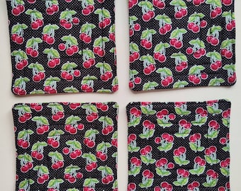 Set of 4 Quilted Black and White Polka Dot Cherry Fabric Coasters