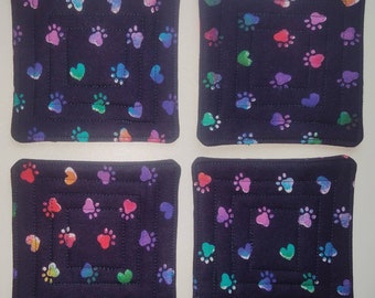 Set of 4 Quilted Navy Rainbow Cat/Dog Paw Print Fabric Coasters