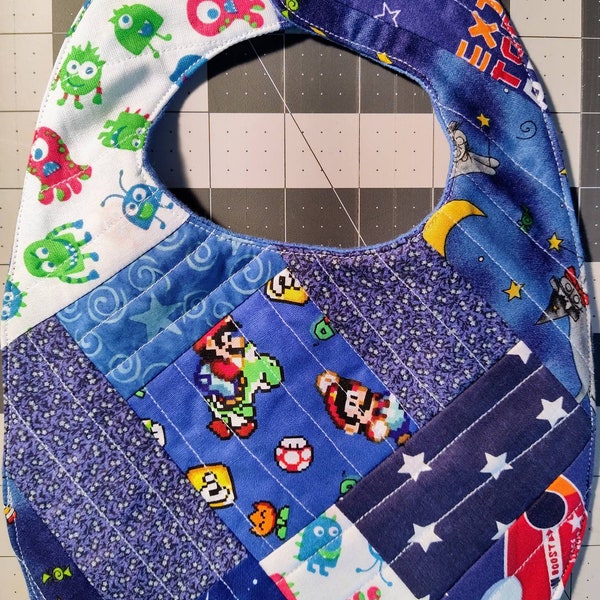 Quilted Infant Cotton Reversible Baby Boy Bib w/ Snap Closure ~ Mixed Blue