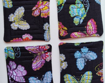 Set of 4 Quilted Black w/Rainbow Butterflies Theme Fabric Coasters