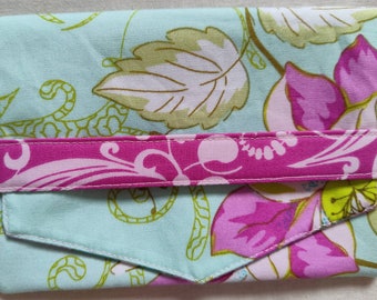 Turquoise and Pink Girly Floral  Print Cotton Fabric Wallet/2 Pocket Card/Receipt/Coupon Holder - Kids, Teens, Adults