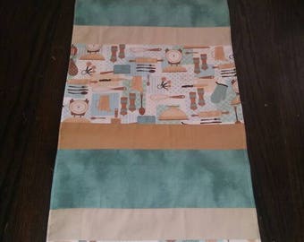 Tan and Turquoise Green Kitchen Utensils Themed Table Runner