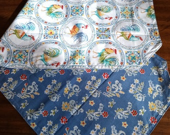 Blue Rooster and Floral Themed Reversible Table Runner