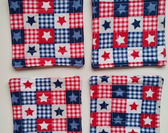Set of 4 Quilted Star Patchwork Patriotic Print Fabric Coasters