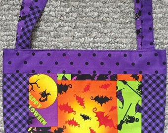 Reversible Purple Halloween Print Cotton Fabric Child/Kid Size Trick or Treat Tote Bag