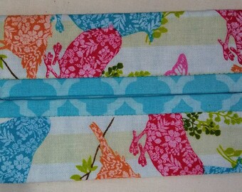 Turquoise, Pink and Orange Bird Print Fabric Travel Tissue Pouch/Holder