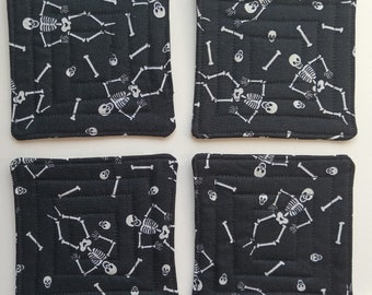 Set of 4 Quilted Fabric Halloween Coasters ~ Black and White Skeleton