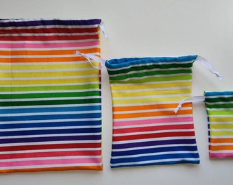 Rainbow Stripe Drawstring Reusable Fabric Gift Bags ~ Your Choice From 3 Sizes