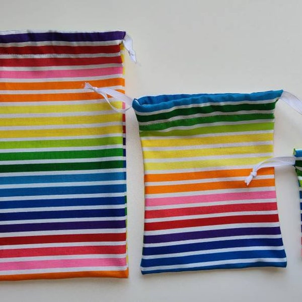 Rainbow Stripe Drawstring Reusable Fabric Gift Bags ~ Your Choice From 3 Sizes
