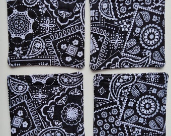 Set of 4 Quilted Black Bandana  Print Fabric Coasters