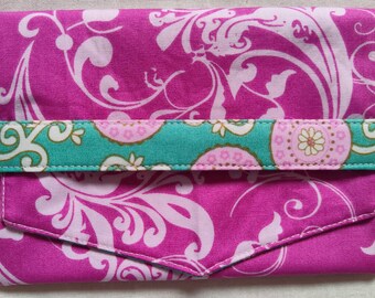 Turquoise and Pink Girly Floral  Print Cotton Fabric Wallet/2 Pocket Card/Receipt/Coupon Holder - Kids, Teens, Adults