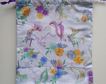 Sparkly Unicorn and Purple Batik Reversible Drawstring Fabric Gift Bag - Birthday, Baby Shower, Wedding, Gift, Etc.- Reusable, Eco-friendly