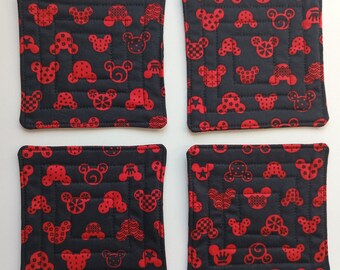 Set of 4 Reversible Quilted Black and Red Mickey Mouse Coasters