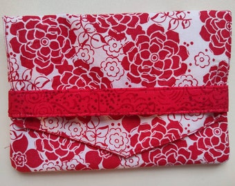 Red Floral Print Cotton Fabric Wallet/2 Pocket Card/Receipt/Coupon Holder - Kids, Teens, Adults