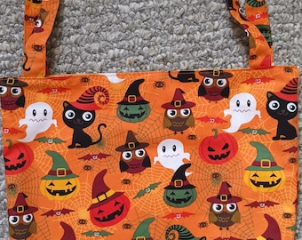 Halloween Print Cotton Fabric Child/Kid Size Trick or Treat Tote Bag ~ Unisex, Boy, Girl ~ Orange, Cat, Owl, Pumpkin, Ghost