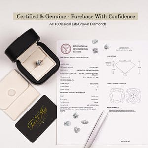 May include: A diamond ring in a black box, with an International Gemological Institute certificate. The certificate details the diamond's specifications, including its 5.05-carat weight and measurements of 1.017 x 0.972 x 0.677 cm. The text reads "Certified & Genuine - Purchase With Confidence."