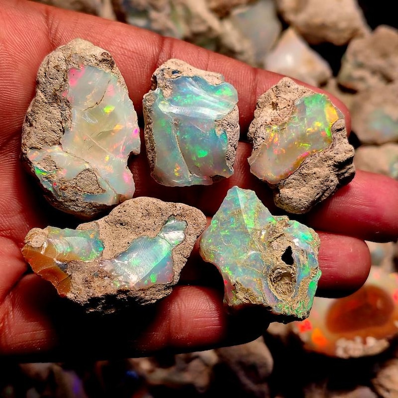 May include: Five raw opal stones with vibrant iridescent colors of green, blue, yellow, and pink. The opals are set in rough, brown matrix. The stones vary in size and shape, showcasing natural textures and patterns.
