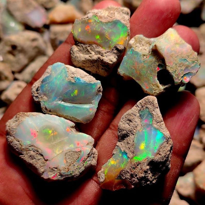 May include: Close-up of several rough opal stones. The opals display a vibrant play of color, with flashes of green, blue, yellow, and red. The opals are set against a backdrop of rough, earthy-toned rock, highlighting their natural beauty.