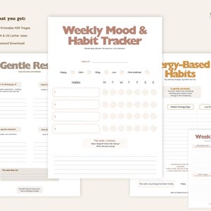 Op de afbeelding: Een set van vier afdrukbare PDF-pagina's voor een wekelijkse stemming- en gewoontetracker. De pagina's bevatten secties voor het volgen van gewoonten, stemming en wekelijkse inzichten. Het ontwerp heeft een neutraal kleurenpalet met tekst in een zachte bruine tint.