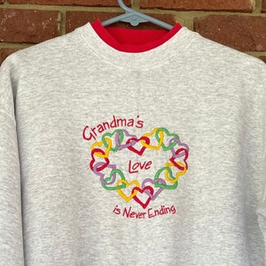 Vintage Sweatshirt, Grandma Love, Adult Size L, 90s mockneck, cottagecore, Folkie Folksy, Hearts Sweater, Grandmother pullover, grannycore