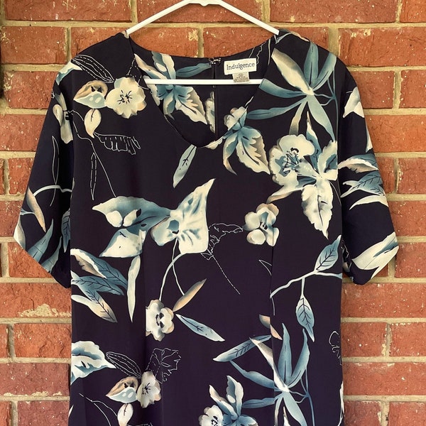Plus Size dress, sz 3X 22 24 26, vintage shift, botanical floral, 80s 90s, navy blue, lagenlook Boxy, maxi midi, short sleeves, Indulgence