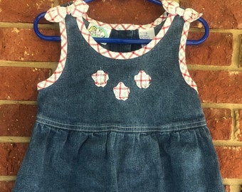 Girls Denim Dress, vintage size 5, 90s jean jumper, Independence Day, July 4th, red white blue, gingham stars bows, button up back, hippie