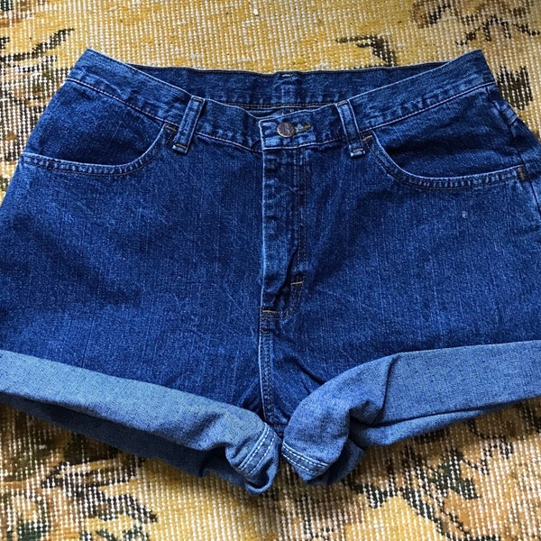 Vintage Shorts, Size 12 P Petite, High Waisted, Womens Riders, dark wash, 90s y2k jeans, mom denim, hippy boho, cuffed cuff rolled, cut-offs