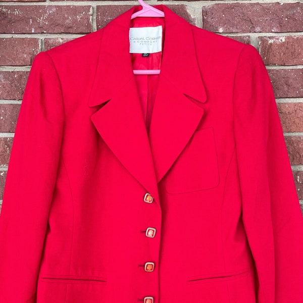 90s blazer, red suit jacket, Womens size 8P 8, Valentine's day, Casual corner, classic career, pair with jeans, shoulder pads, fully lined