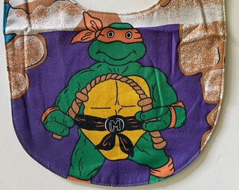 Michelangelo bib, Teenage Mutant Ninja Turtles, TMNT 90s TV, Vintage baby, recycled Sheet, nostalgic toddler, Millennial Baby Shower Gift