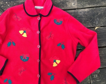 Jersey navideño vintage, chaqueta de forro polar roja, talla S de adulto, cárdigan abotonado, arte popular de los 80 y 90, Navidad, Chinawear by Morsly, corona