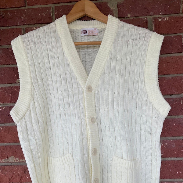 Mens Sweater vest, Adult size L, Vintage button up, ivory cream, Sears Mens Store, Kings Road, acrylic, boho hippie, 60s 70s, dad grandpa