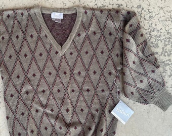 Grandpa Sweater, Vintage Hygge, Mens V Neck, Geometric pullover, Size L, rafael brand, New NWT gift, Wool Blend, Fair Isle, gray red maroon