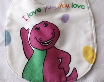 Barney Bib, Retro recycled, Purple Dinosaur Baby, Vintage Sheet, Toddler Eating Feeding, I love you, 80s 90s TV, 1980s 19990s, PBS kids show