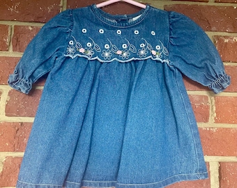 vintage dress, baby denim, size 0-6 month 3M 6M, Wonder Kids brand, Retro blue Jeans, 80s 90s, floral embroidery, market dress, pink roses