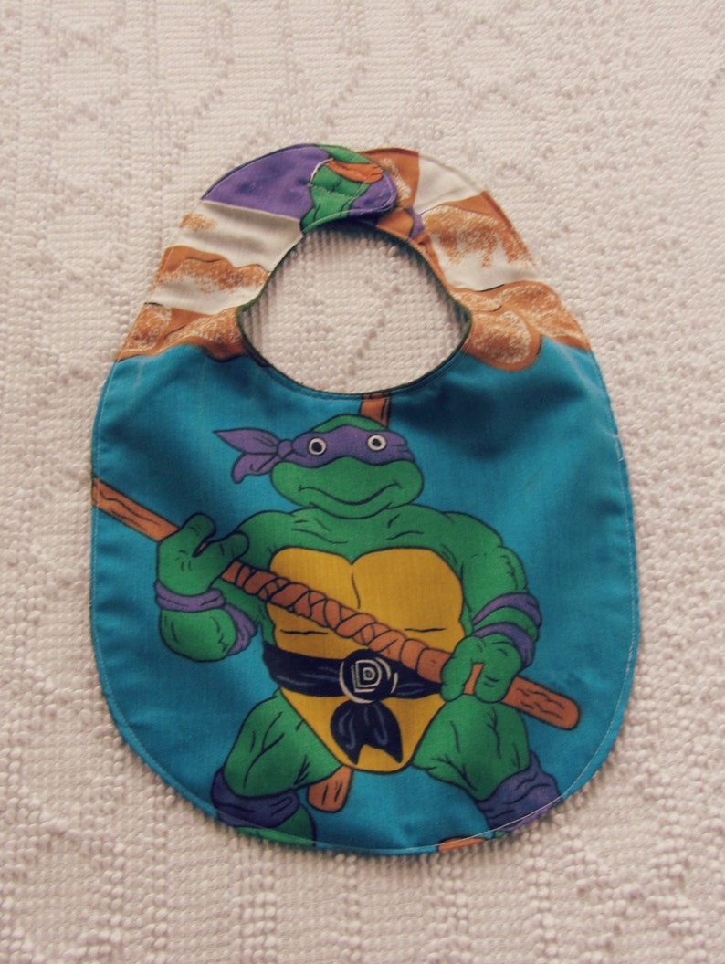 Vintage Tmnt Bib Teenage Mutant Ninja Turtles Donatello Upcycled Bed Sheets 90s 1990s Baby Gift For Nephew Purple Guy Comic Con