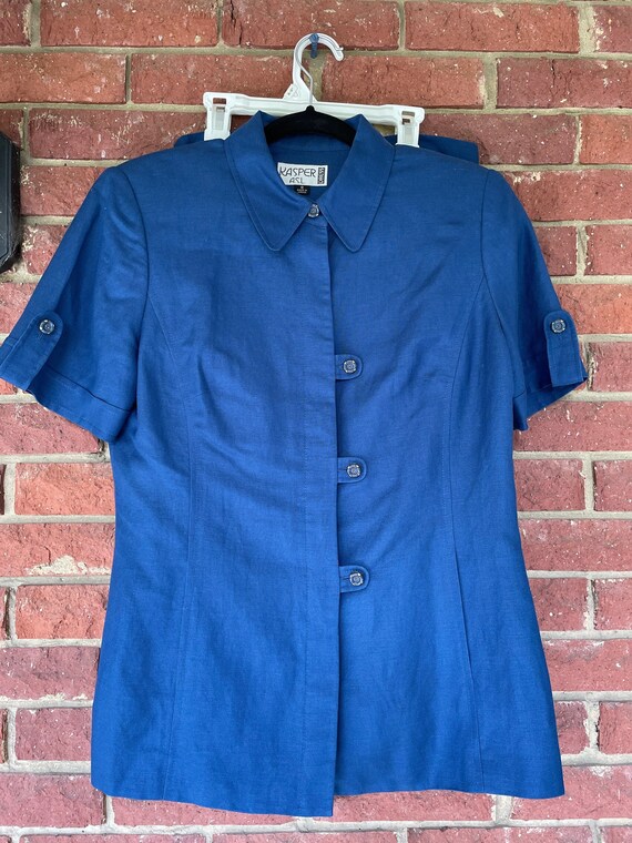 Vintage Skirt Suit, blue linen, 80s 90s set, Kasp… - image 1
