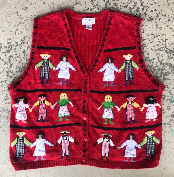 CanzaliaVintage Vintage Sweater Vest, Plus Size 2x XXL, Cottagecore Clothing, Button Up, It's A Small World, Global Unity, Boho Hippie, Teacher, Happy Kids