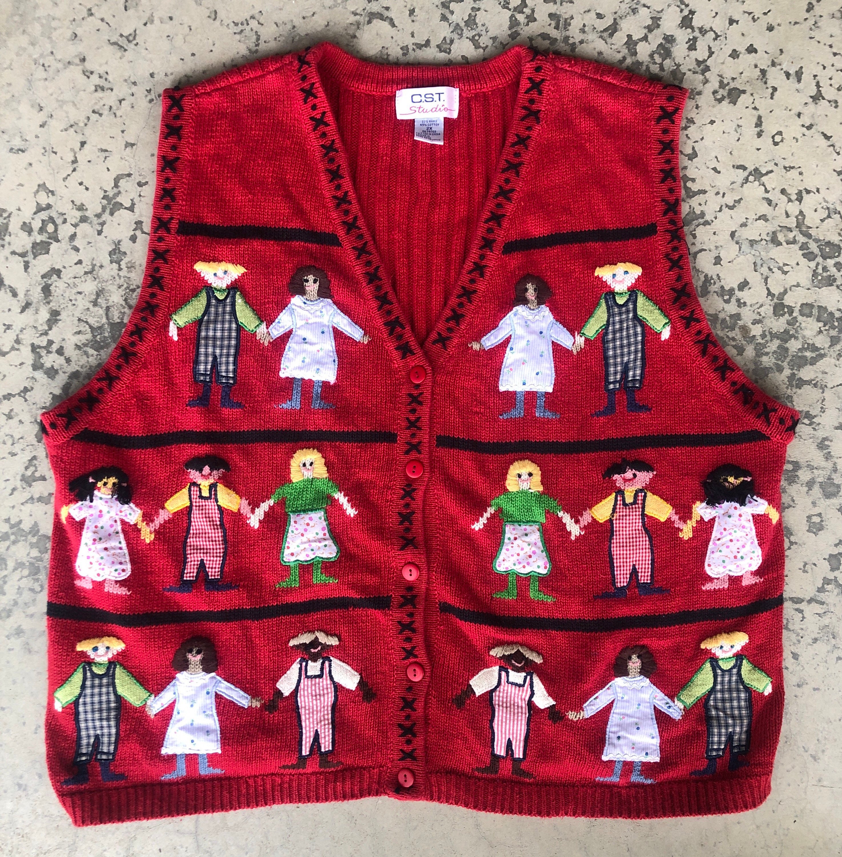 CanzaliaVintage Vintage Sweater Vest, Plus Size 2x XXL, Cottagecore Clothing, Button Up, It's A Small World, Global Unity, Boho Hippie, Teacher, Happy Kids