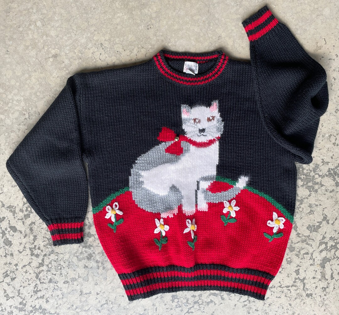Vintage Cat Sweater Size L White Kitten Red Scarf Etsy