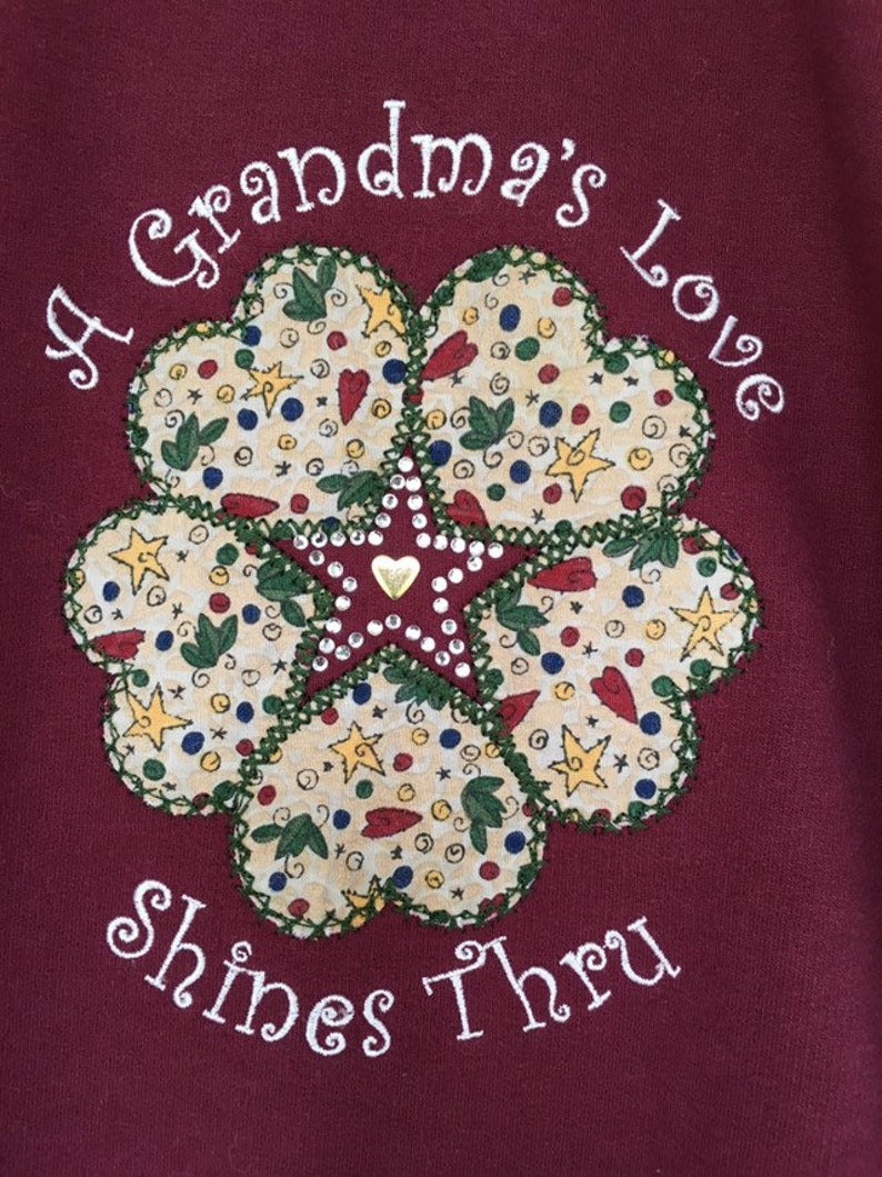 grandkids pullover, Patchwork Sweatshirt Vintage Grandma Sweater Grandmother Christmas heart appliqu\u00e9 sustainable gift Women/'s size L