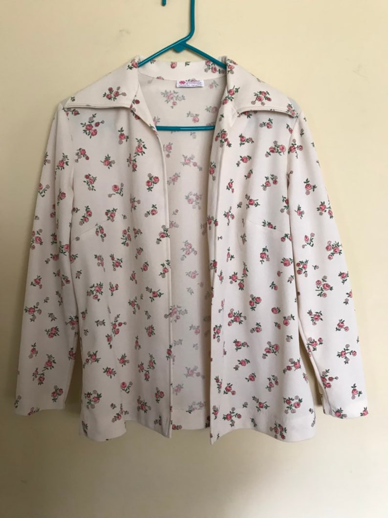 100 polyester double knit 2 piece set 70s handmade matching floral suit Vintage floral skirt set Aldens fashions chicago suit jacket